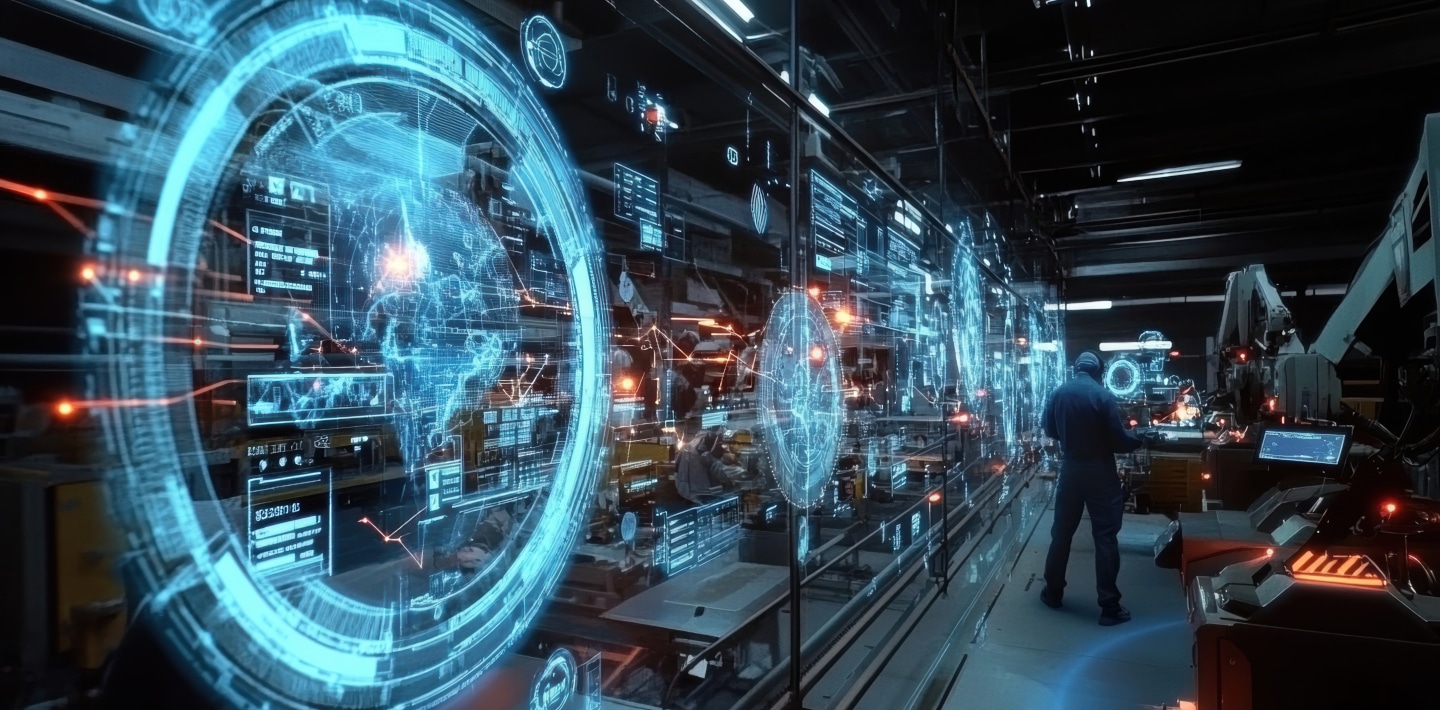 A high-tech control room with transparent screens displaying digital globes, PLM data, and graphics, while a person works at a station surrounded by advanced equipment and the Digital Thread in dim lighting.