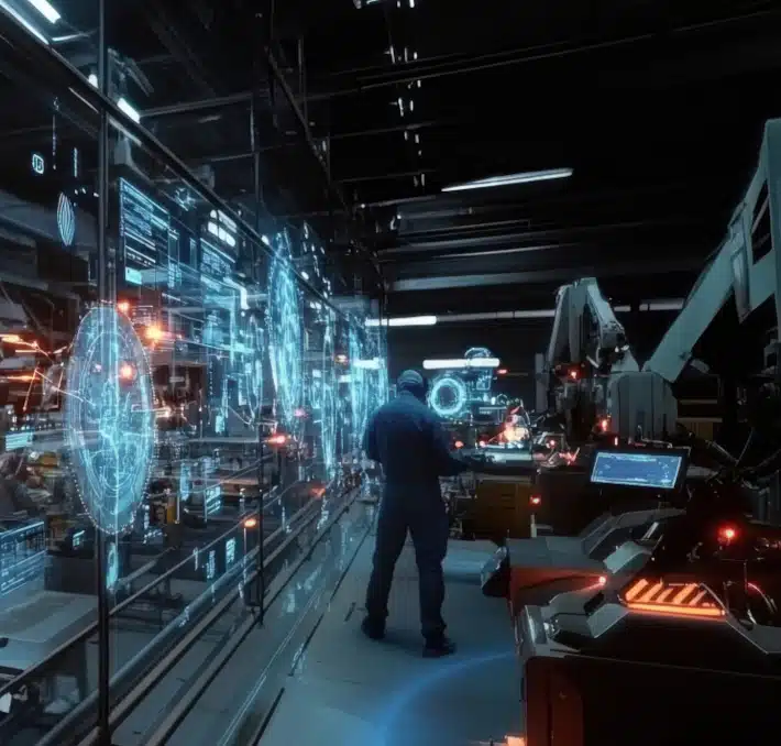 Eine Person steht in einem High-Tech-Labor, umgeben von digitalen holografischen Bildschirmen und modernen Maschinen, die PLM-Daten, Digital Thread-Informationen und technische Schemata anzeigen.