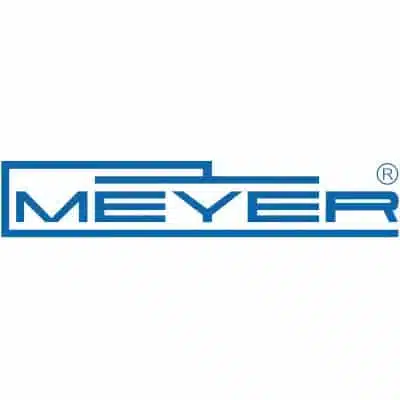 Blue, stylized MEYER logo with geometric lines above and below the letters, inspired by Herbert Meyer’s legacy, and a registered trademark symbol in the upper right corner.