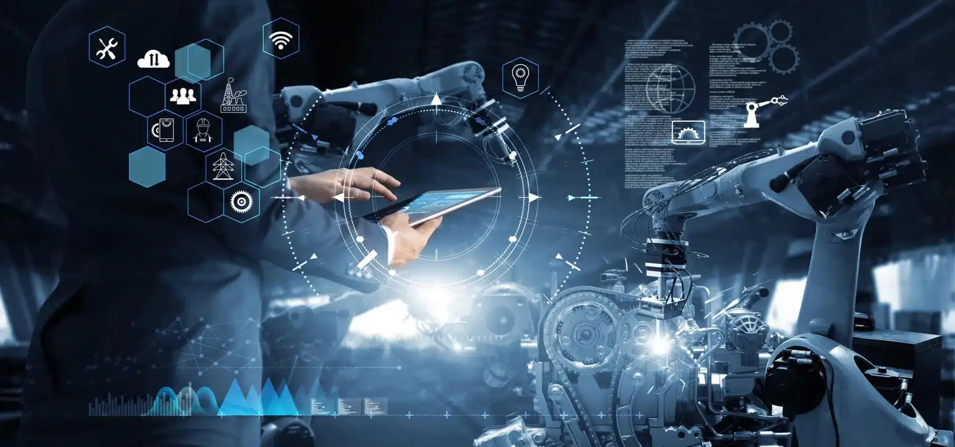 A person uses a tablet and a mobile app to control robotic arms in an industrial setting, with digital interface icons and technical data overlays representing automation, smart manufacturing, and integrated PLM solutions.