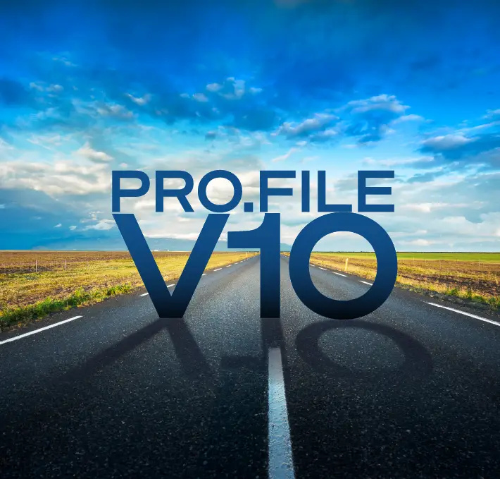 A straight road stretches into the distance under a blue sky with clouds, while the bold text PRO.FILE V10 stands prominently at the center, symbolizing a clear path forward with PRO.FILE V10.