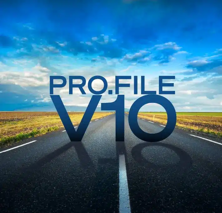A straight road stretches into the distance under a blue sky with clouds, while the bold text PRO.FILE V10 stands prominently at the center, symbolizing a clear path forward with PRO.FILE V10.