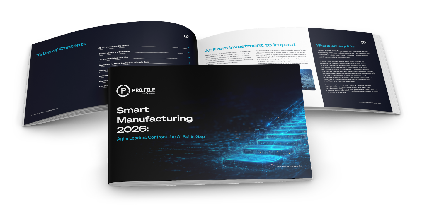 Two open booklets, the front displaying Smart Manufacturing 2026: Agile Leaders Confront the AI Skills Gap, with digital-themed blue graphics on the cover.
