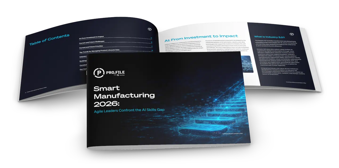 Two open booklets, the front displaying Smart Manufacturing 2026: Agile Leaders Confront the AI Skills Gap, with digital-themed blue graphics on the cover.