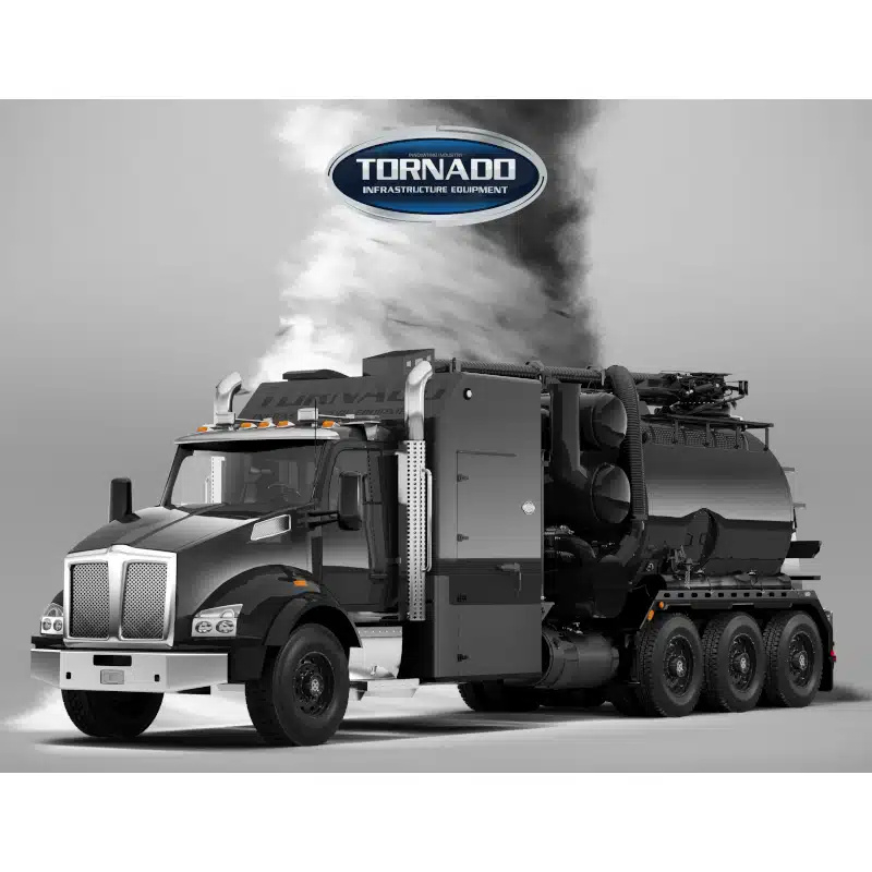 A large black Tornado Land Vehicles vacuum truck with industrial equipment and six wheels is parked, emitting white smoke, with a Tornado Infrastructure Equipment logo above it.