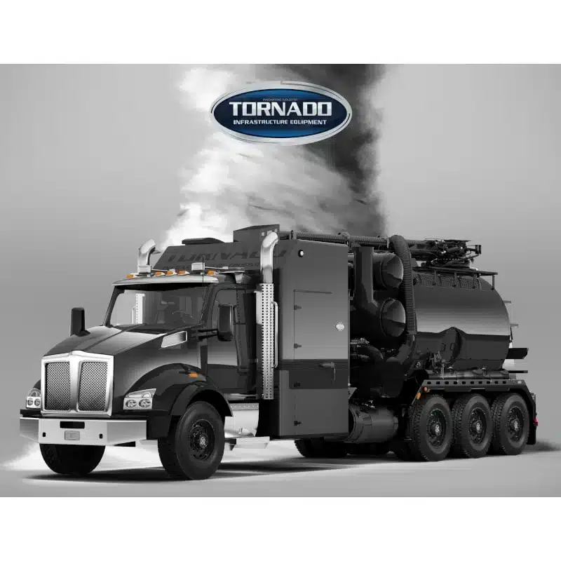A large black Tornado Land Vehicles vacuum truck with industrial equipment and six wheels is parked, emitting white smoke, with a Tornado Infrastructure Equipment logo above it.