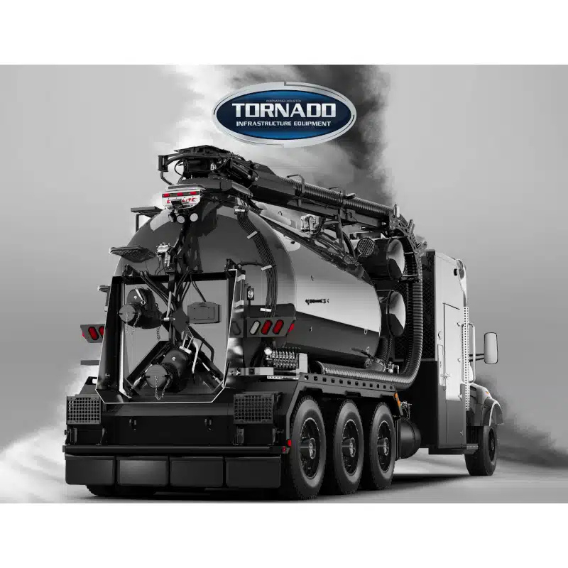 A large Tornado Land Vehicles vacuum truck with multiple hoses and equipment is parked, viewed from the rear and side, featuring the company logo above.