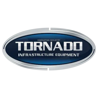 Oval logo with a blue gradient background and silver border, displaying the text TORNADO INFRASTRUCTURE EQUIPMENT and INNOVATING INDUSTRY at the top, representing Tornado Land Vehicles.