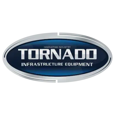 Oval logo with a blue gradient background and silver border, displaying the text TORNADO INFRASTRUCTURE EQUIPMENT and INNOVATING INDUSTRY at the top, representing Tornado Land Vehicles.
