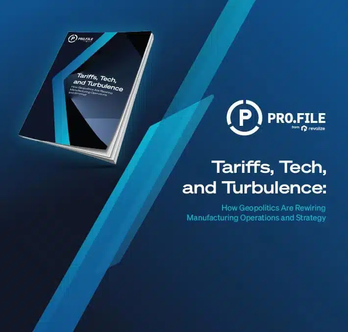 A booklet titled Tariffs, Tech, and Turbulence lies on a blue graphic background with the PRO.FILE logo and subtitle about manufacturing transformation and geopolitics in the industry.