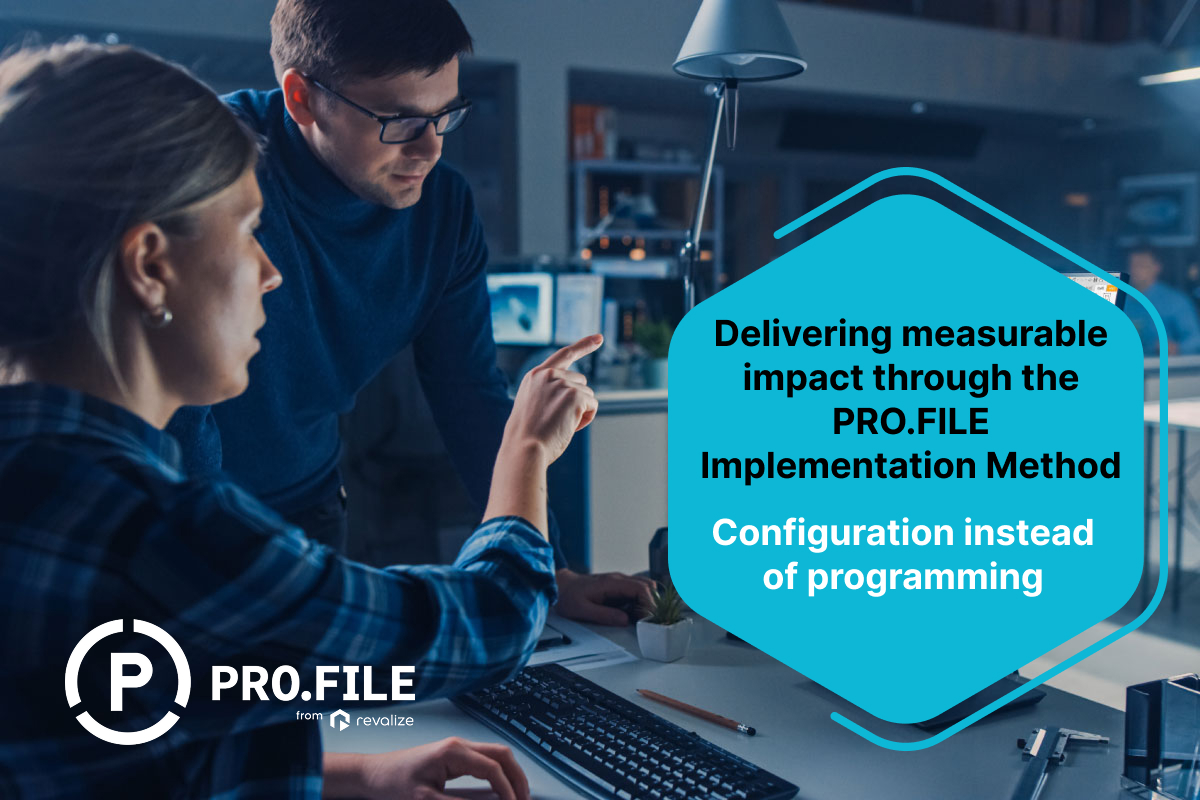 Two people work at a computer in an office. A hexagon graphic reads: Delivering measurable impact through the PRO.FILE Implementation Method—configuration instead of programming for efficient pdm vs plm solutions.