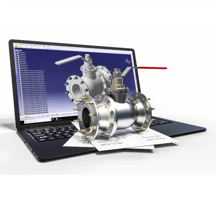 A 3D-rendered industrial valve appears to emerge from a laptop screen displaying CAD software, seamlessly illustrating the power of the digital thread, with technical drawings lying on the keyboard.