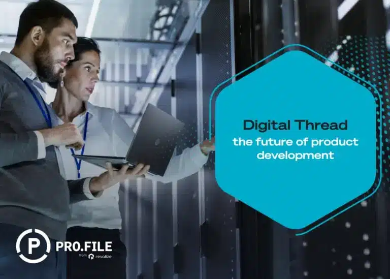 Two professionals with a laptop examine servers in a data center, highlighting the power of the digital thread. Text on image reads: Digital Thread - the future of product development. Pro.FILE logo at bottom left.