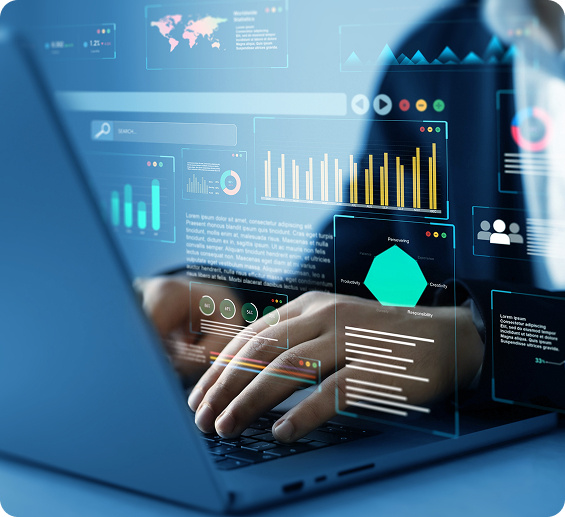 Hands typing on a laptop keyboard with digital data analytics graphs and charts overlayed, highlighting the AI skills gap in today's tech landscape.