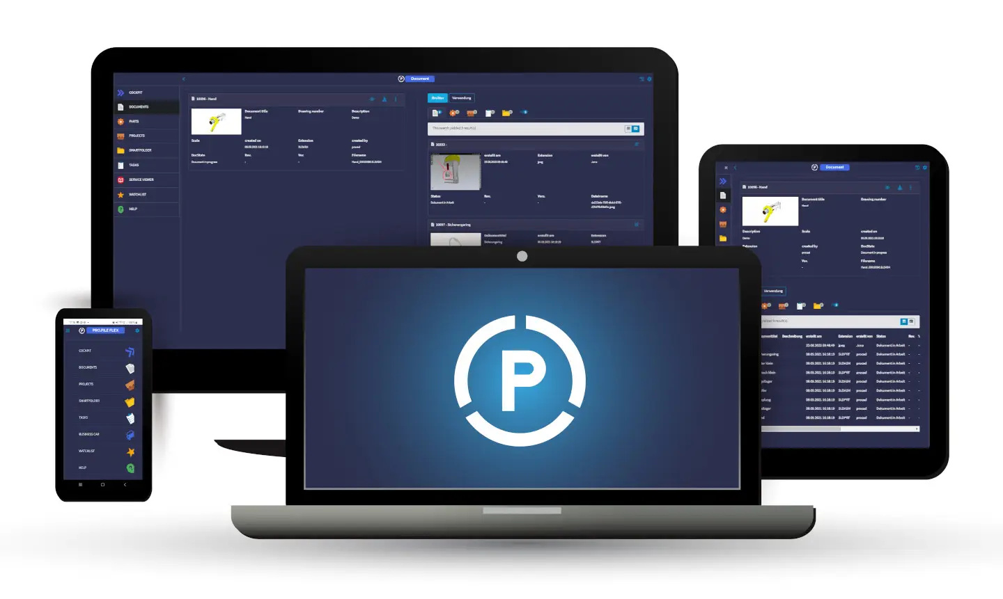 A smartphone, two laptops, and a tablet showcase the dark-themed pro.file flex software interface, with the PLM Mobile P logo prominently displayed on one laptop screen.