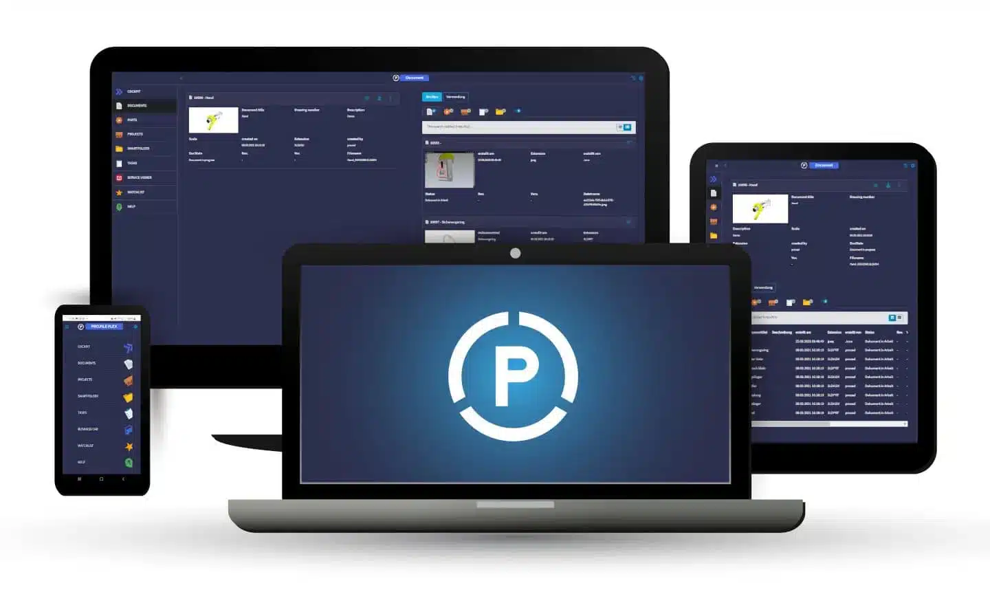 A smartphone, two laptops, and a tablet showcase the dark-themed pro.file flex software interface, with the PLM Mobile P logo prominently displayed on one laptop screen.