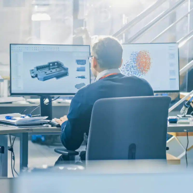 A person sits at a desk working on 3D modeling software with dual monitors in a modern office, seamlessly integrating the digital thread into their workflow.