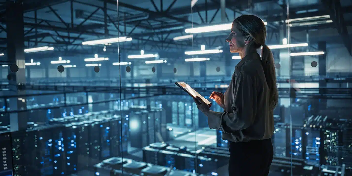 A woman stands in a modern data center, holding a tablet and viewing rows of server racks through a glass window.
