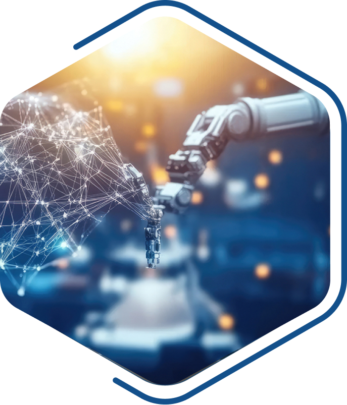 A robotic arm interacts with a digital network structure, symbolizing artificial intelligence, technology integration, and the dynamic relationship between pdm vs plm in an abstract, futuristic setting.