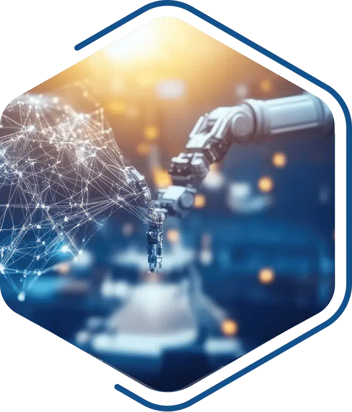 A robotic arm interacts with a digital network structure, symbolizing artificial intelligence, technology integration, and the dynamic relationship between pdm vs plm in an abstract, futuristic setting.
