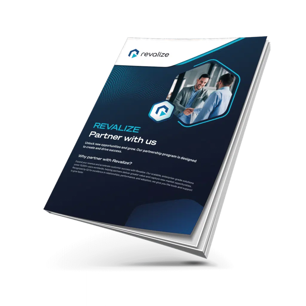 A brochure titled Revalize Partner with us featuring business professionals shaking hands, promoting a partnership program.