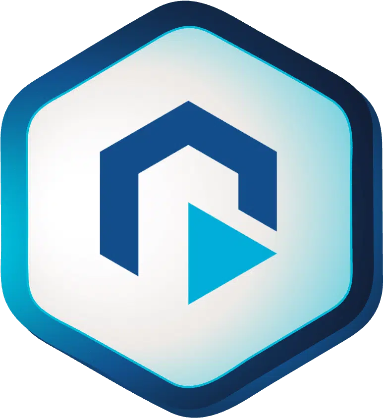 A blue hexagonal badge with a geometric design featuring a stylized letter C and a triangle, both in dark and light blue tones, on a white gradient background.
