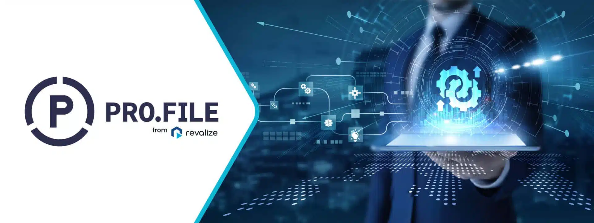 A person in a suit holds a tablet with digital technology and automation icons; on the left is the PRO.FILE by Revalize logo.