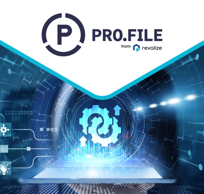 PRO.FILE by Revalize logo above a digital interface with gears and arrows, representing technology and data integration.