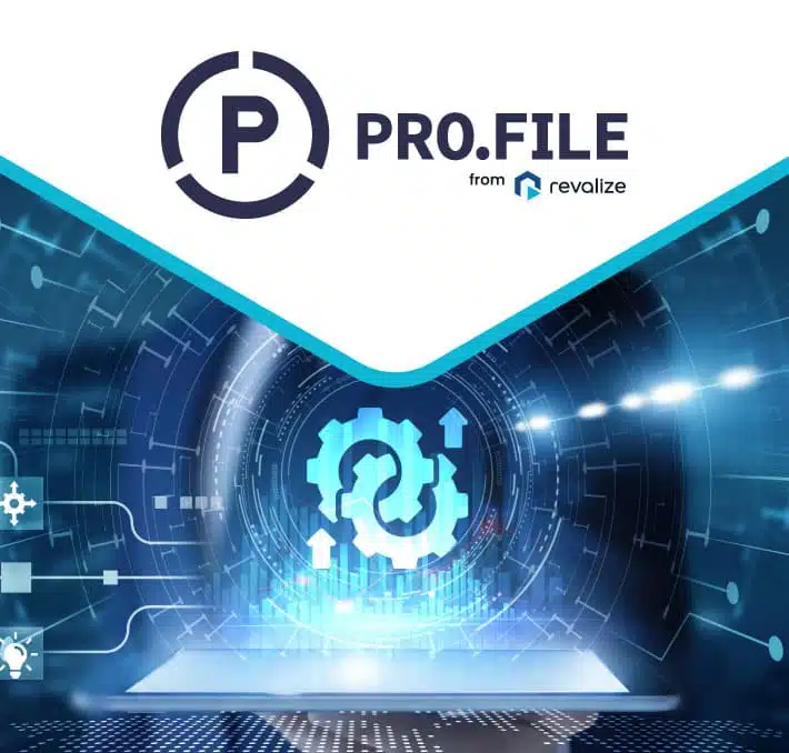 PRO.FILE by Revalize logo above a digital interface with gears and arrows, representing technology and data integration.