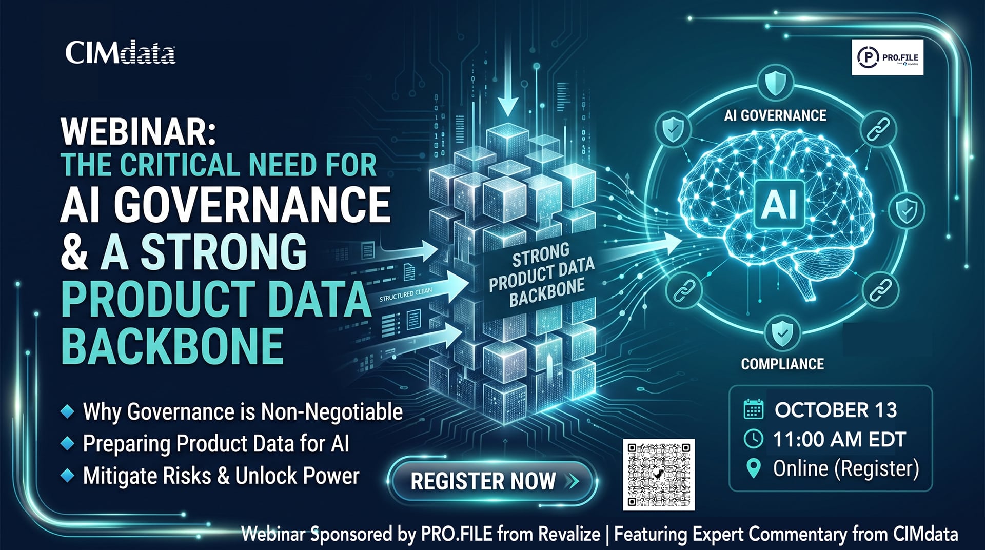 Webinar promotional image for AI governance and product data backbone, with event details, registration button, and graphics of AI data flow and security symbols.