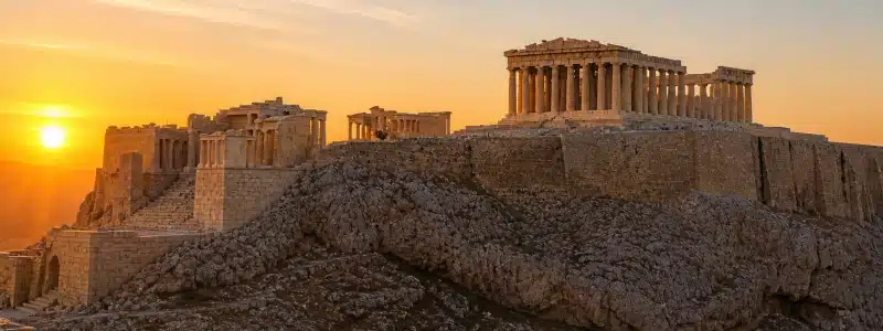 Der Parthenon und die umliegenden Ruinen der Akropolis in Athen, Griechenland, werden von der untergehenden Sonne gegen einen klaren Himmel beleuchtet.