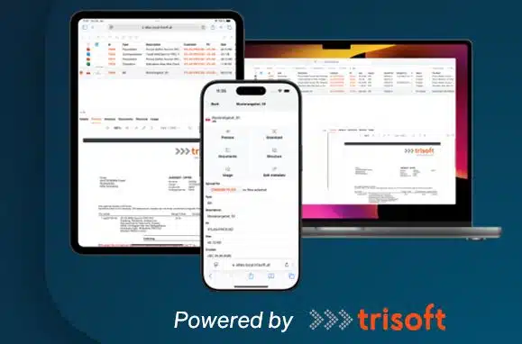 A tablet, smartphone, and laptop display web-based document management software interfaces. Text below reads Powered by trisoft with the trisoft logo.