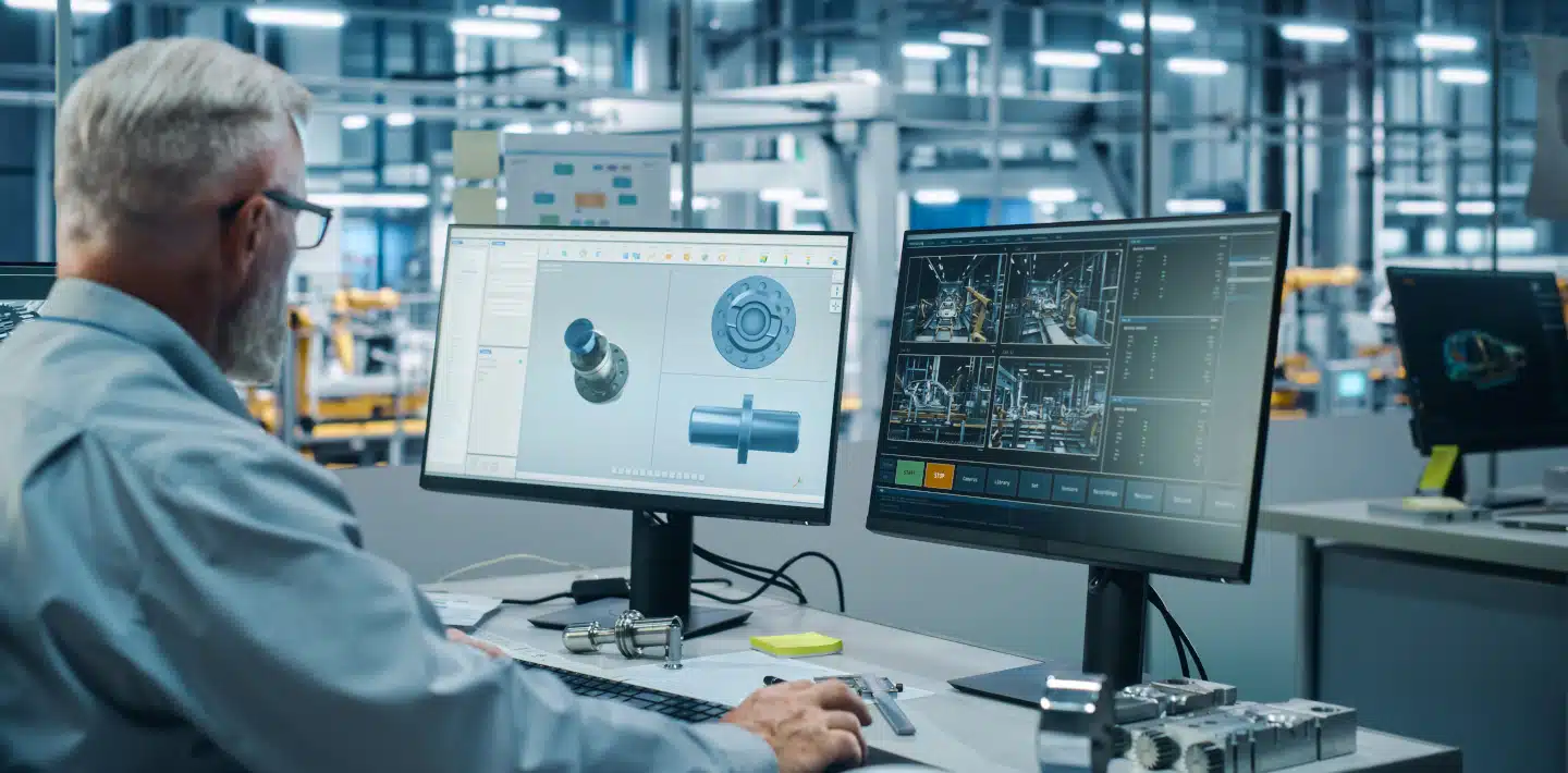 An engineer works at a desk with two monitors displaying 3D mechanical designs and technical drawings in a modern industrial office.