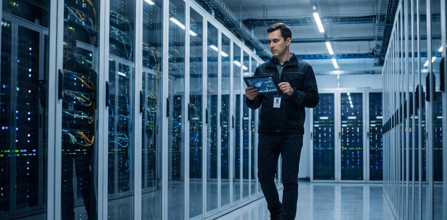A man in a server room walks while holding a tablet, surrounded by racks of computer servers and blue-lit networking equipment.