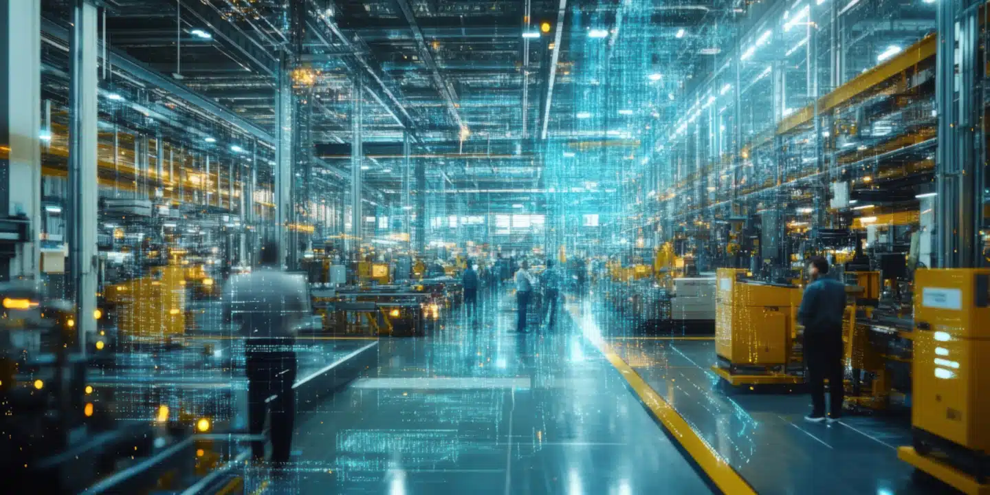 Eine große, moderne Fabrikhalle, in der Menschen zwischen Maschinen und digitalen Datenüberlagerungen arbeiten, die die fortschrittliche Fertigungstechnologie hervorheben, in der PDM- und PLM-Lösungen eine effiziente Produktion und einen nahtlosen Informationsfluss ermöglichen.