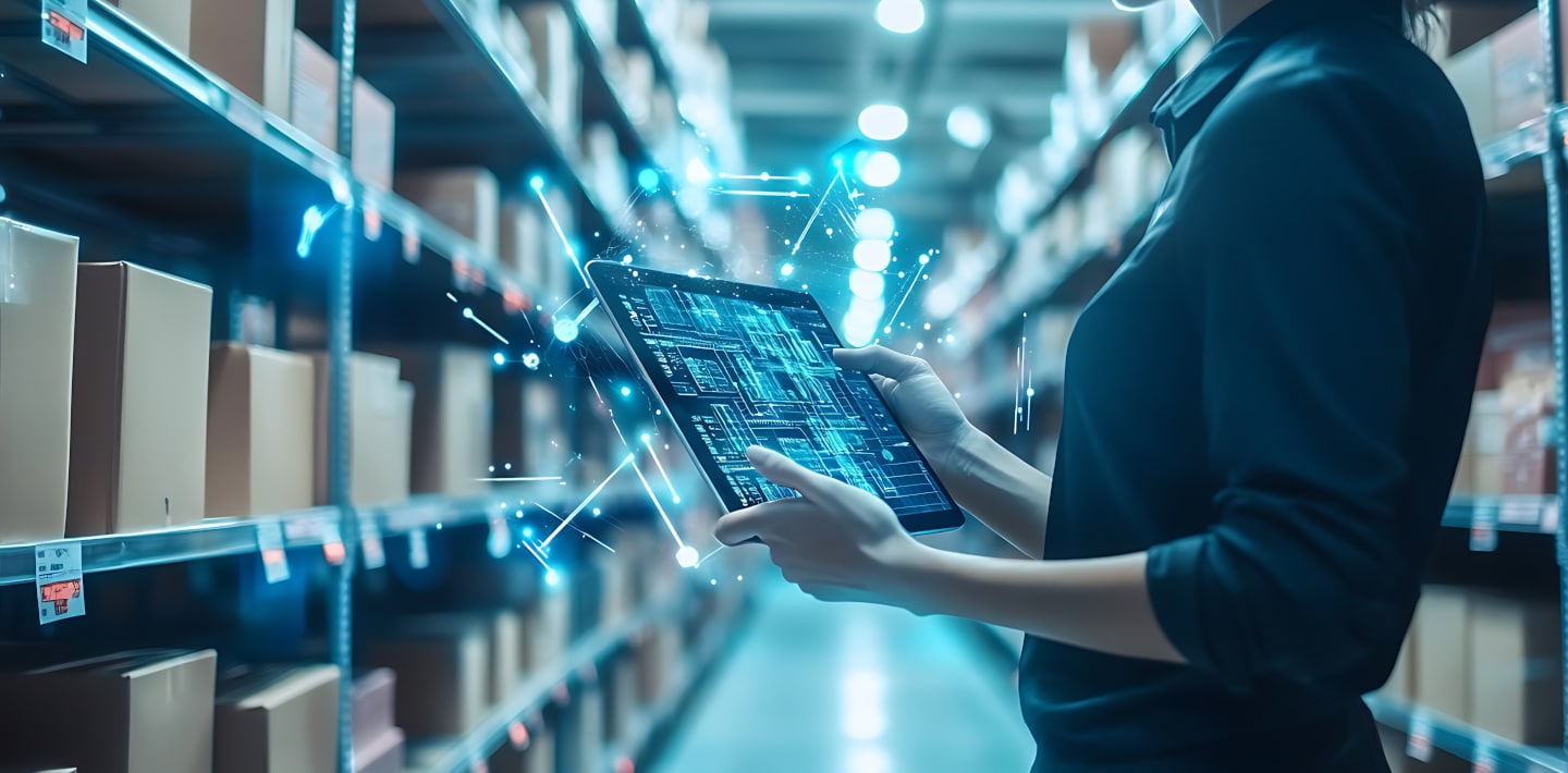 A person uses a digital tablet with virtual interface effects in a warehouse aisle lined with shelves of cardboard boxes.