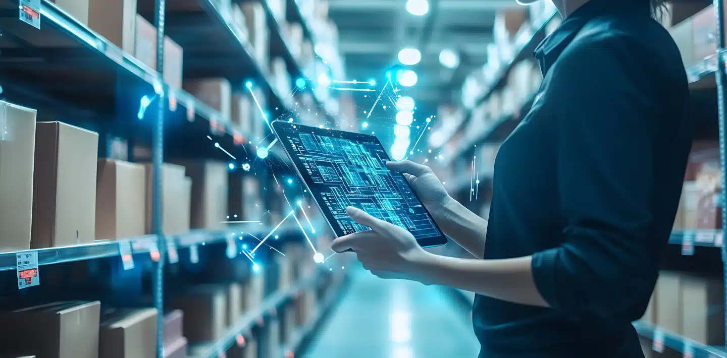 Eine Person benutzt ein digitales Tablet mit virtuellen Oberflächeneffekten in einem Lagergang, der mit Regalen voller Kartons gesäumt ist.