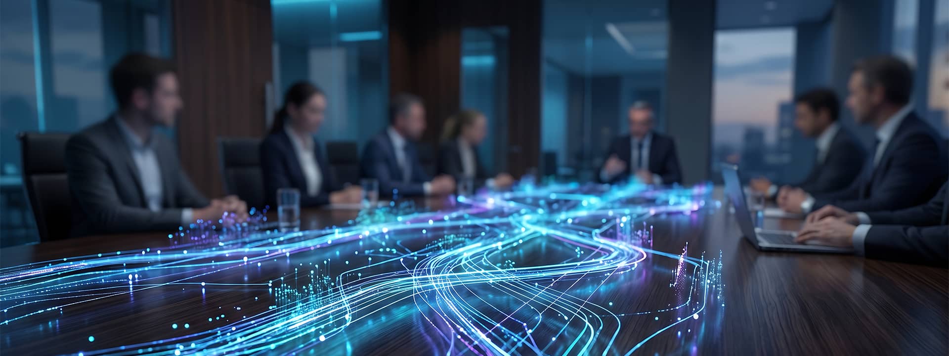 People sit around a conference table in a modern office, with glowing digital lines and data streams superimposed on the table, suggesting a discussion about technology or PLM data foundation.