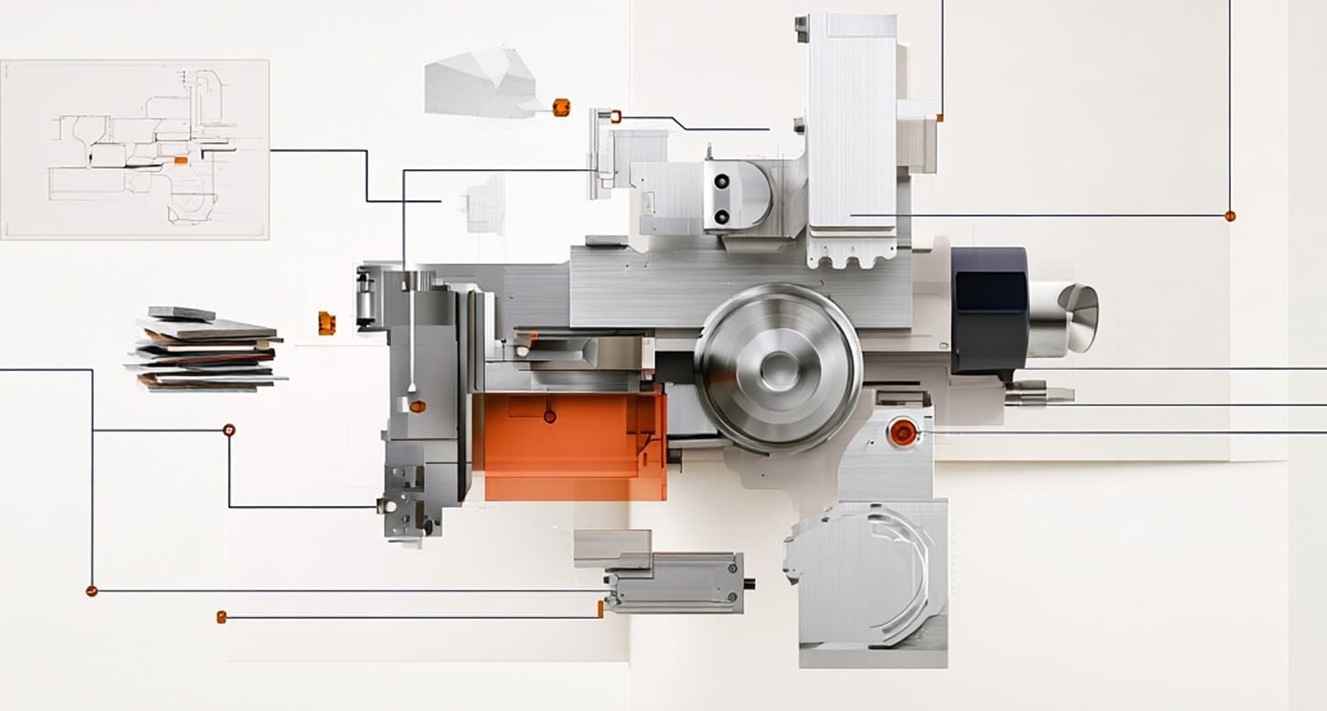 Abstract composition of metal and geometric components interconnected by lines, resembling a technical blueprint or machine diagram, with a mix of orange, gray, and silver colors—evoking the complexity and precision found in AI Product Lifecycle Management systems.