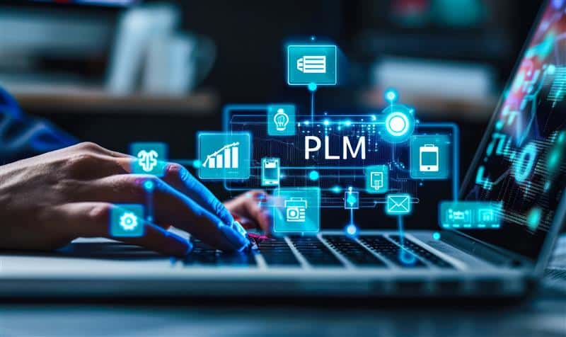 A person types on a laptop with holographic icons and the text PLM displayed, representing advanced product lifecycle management technology focused on improving data quality in PLM.