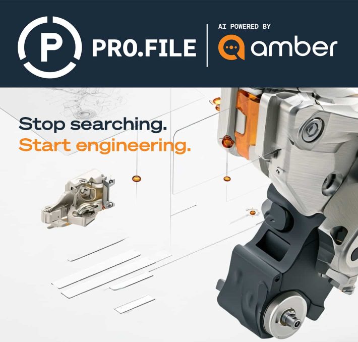 Industrial machine parts and digital schematics with the text Stop searching. Start engineering. and logos for PRO.FILE and Amber appear at the top.