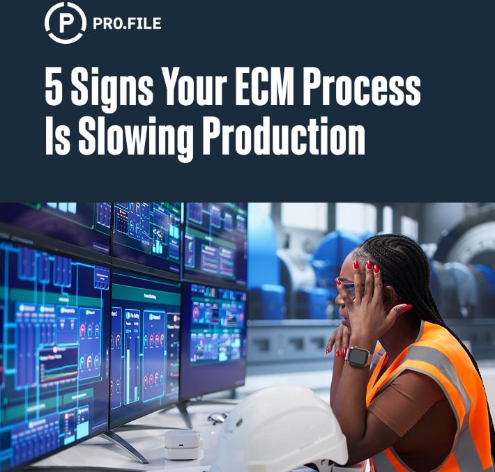 A woman in a safety vest sits at a desk, looking at multiple monitors displaying industrial data. Text above reads, 5 Signs Your ECM Process Is Slowing Production..