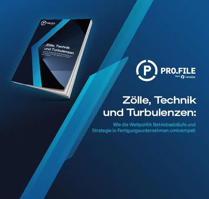 Nüchterner Alt-Text: Eine Werbegrafik für eine Broschüre mit dem Titel "Zölle, Technik und Turbulenzen" von PRO.FILE mit einem blau-schwarzen Einband und einem deutschen Text über die Transformation der verarbeitenden Industrie, globale Politik und Produktionsstrategien.
