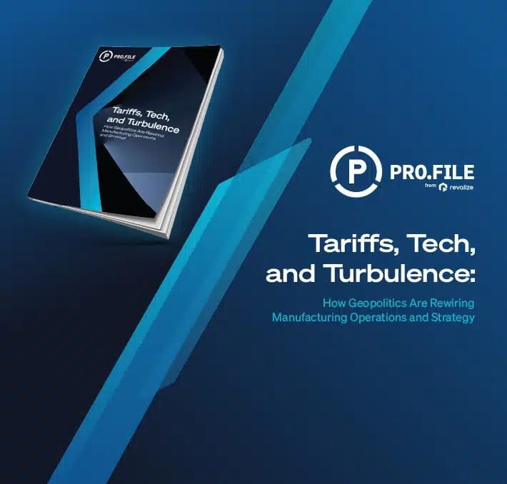 A booklet titled Tariffs, Tech, and Turbulence lies on a blue graphic background with the PRO.FILE logo and subtitle about manufacturing transformation and geopolitics in the industry.