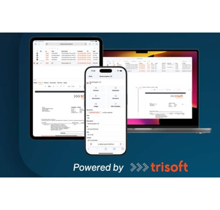 A tablet, smartphone, and laptop display financial or business software screens, showcasing seamless web-based document management. Text at the bottom reads, “Powered by trisoft.”.