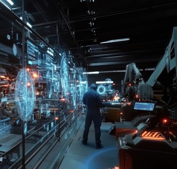 A person stands in a high-tech laboratory surrounded by digital holographic screens and advanced machinery displaying PLM data, Digital Thread information, and technical schematics.