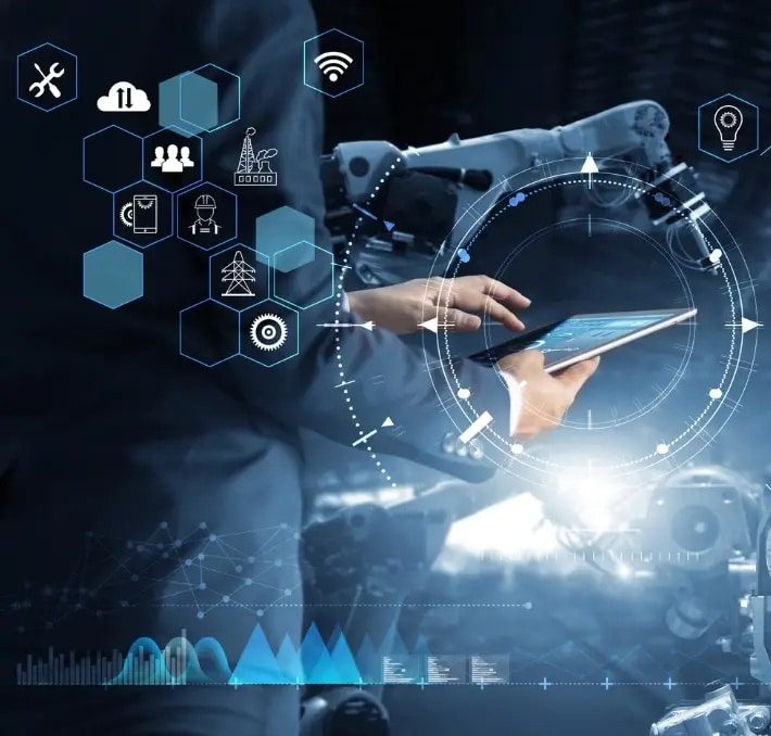 Person using a tablet with robotic machinery in the background, overlaid with technology and network icons representing industrial automation, product data management, and seamless data connectivity.