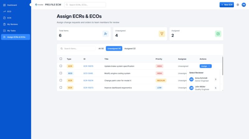 Ein Dashboard zeigt zugewiesene und nicht zugewiesene ECRs und ECOs an und listet Elementtyp, Titel, Priorität, Status des Zuweisers und Aktionsschaltflächen für ein rationalisiertes Änderungsmanagement in einer Projektmanagementoberfläche auf.