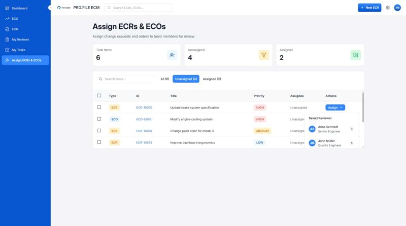 Ein Dashboard zeigt zugewiesene und nicht zugewiesene ECRs und ECOs an und listet Elementtyp, Titel, Priorität, Status des Zuweisers und Aktionsschaltflächen für ein rationalisiertes Änderungsmanagement in einer Projektmanagementoberfläche auf.