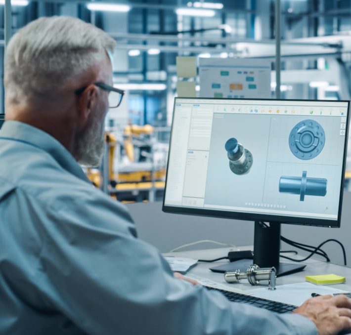An engineer with gray hair sits at a desk and works on 3D mechanical part designs displayed on a computer monitor in a modern industrial office.